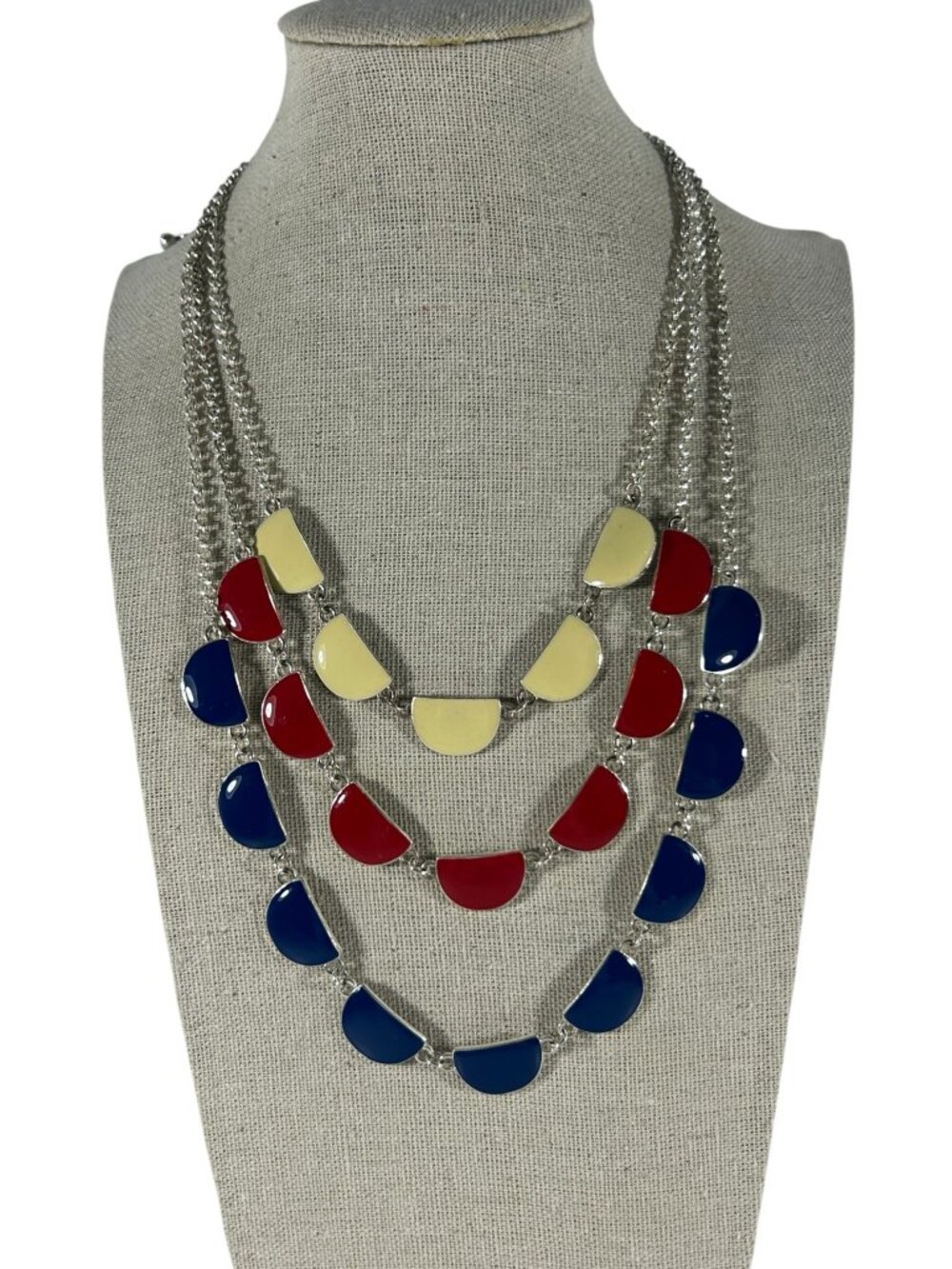 Multi Strand Necklace Red White Blue Patriotic 4th of July Silver Tone Chain